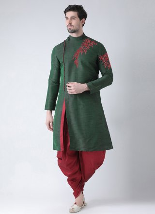 Green Dupion Silk Embroidered Work Angrakha Mens Wear