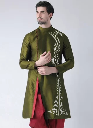 Green Dupion Silk Embroidered Work Angrakha Mens Wear for Engagement