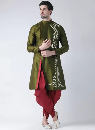 Green Dupion Silk Embroidered Work Angrakha Mens Wear for Festival