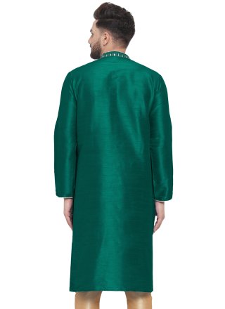 Green Dupion Silk Embroidered Work Kurta Mens Wear for Men