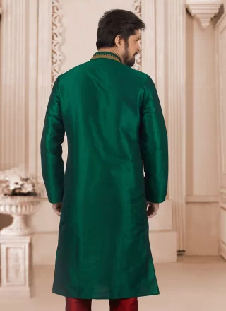Green Dupion Silk Embroidered Work Kurta Pyjama for Ceremonial