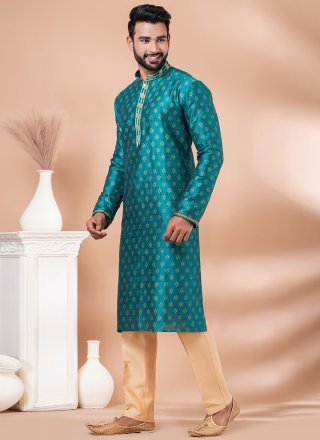 Green Dupion Silk Jacquard Work Kurta Pyjama for Men