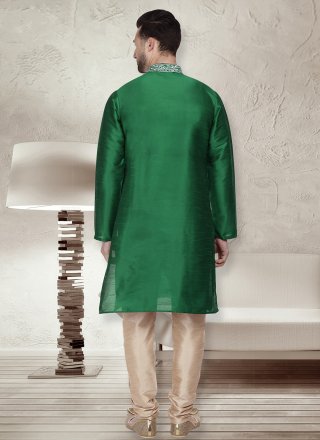 Green Dupion Silk Kurta Pyjama with Embroidered Work for Ceremonial