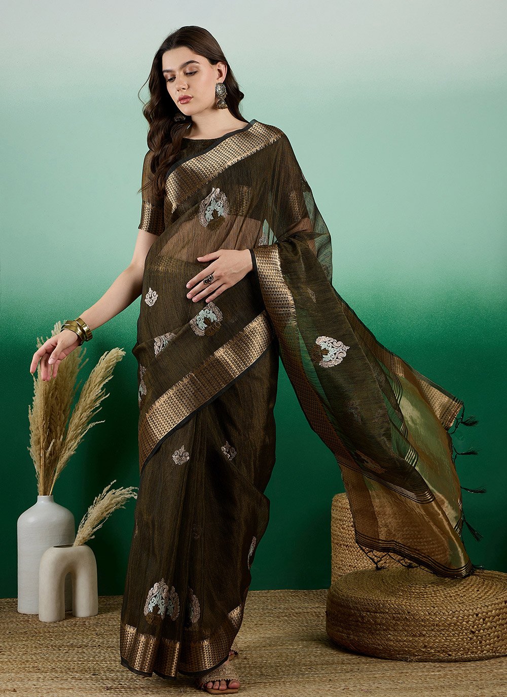 Buy Green Embroidered and Woven Work Khadi Classic Sari Online : 293010