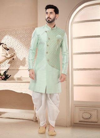 Green Embroidered and Zari Work Silk Sherwani Mens Wear