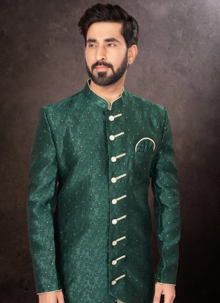 Green Embroidered, Fancy and Thread Work Jacquard Indo Western