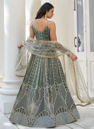 Green Embroidered, Sequins and Thread Work Net A - Line Lehenga Choli