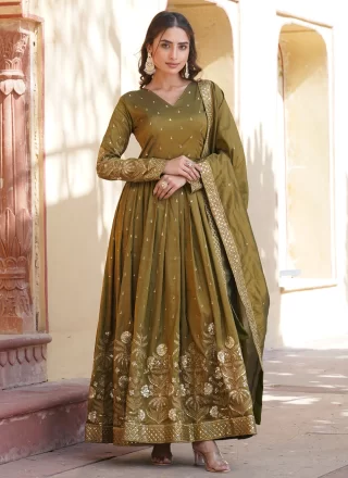 Green Embroidered, Sequins and Zari Work Viscose  Designer Gown