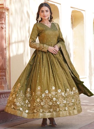 Green Embroidered, Sequins and Zari Work Viscose  Designer Gown