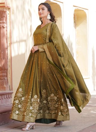 Green Embroidered, Sequins and Zari Work Viscose  Designer Gown