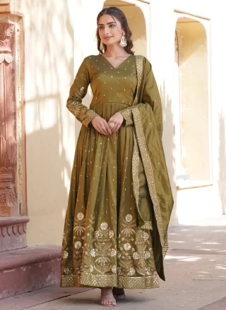 Green Embroidered, Sequins and Zari Work Viscose  Designer Gown