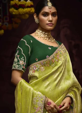 Green Embroidered, Stone, Thread, Weaving and Zari Work Kanjivaram Silk Classic Saree