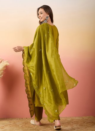 Green Embroidered, Thread and Woven Work Silk Trendy Suit
