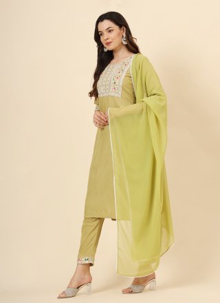 Green Embroidered Work Cotton Pant Style Suit