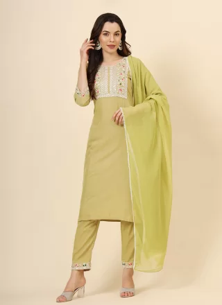 Green Embroidered Work Cotton Pant Style Suit