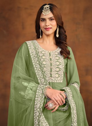Green Embroidered Work Faux Georgette Trendy Suit