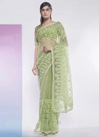 Green Embroidered Work Net Trendy Saree