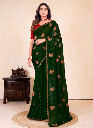 Green Embroidered Work Vichitra Silk Designer Sari