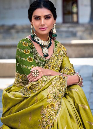 Green Fancy Fabric Classic Saree with Embroidered, Hand, Sequins and Stone Work