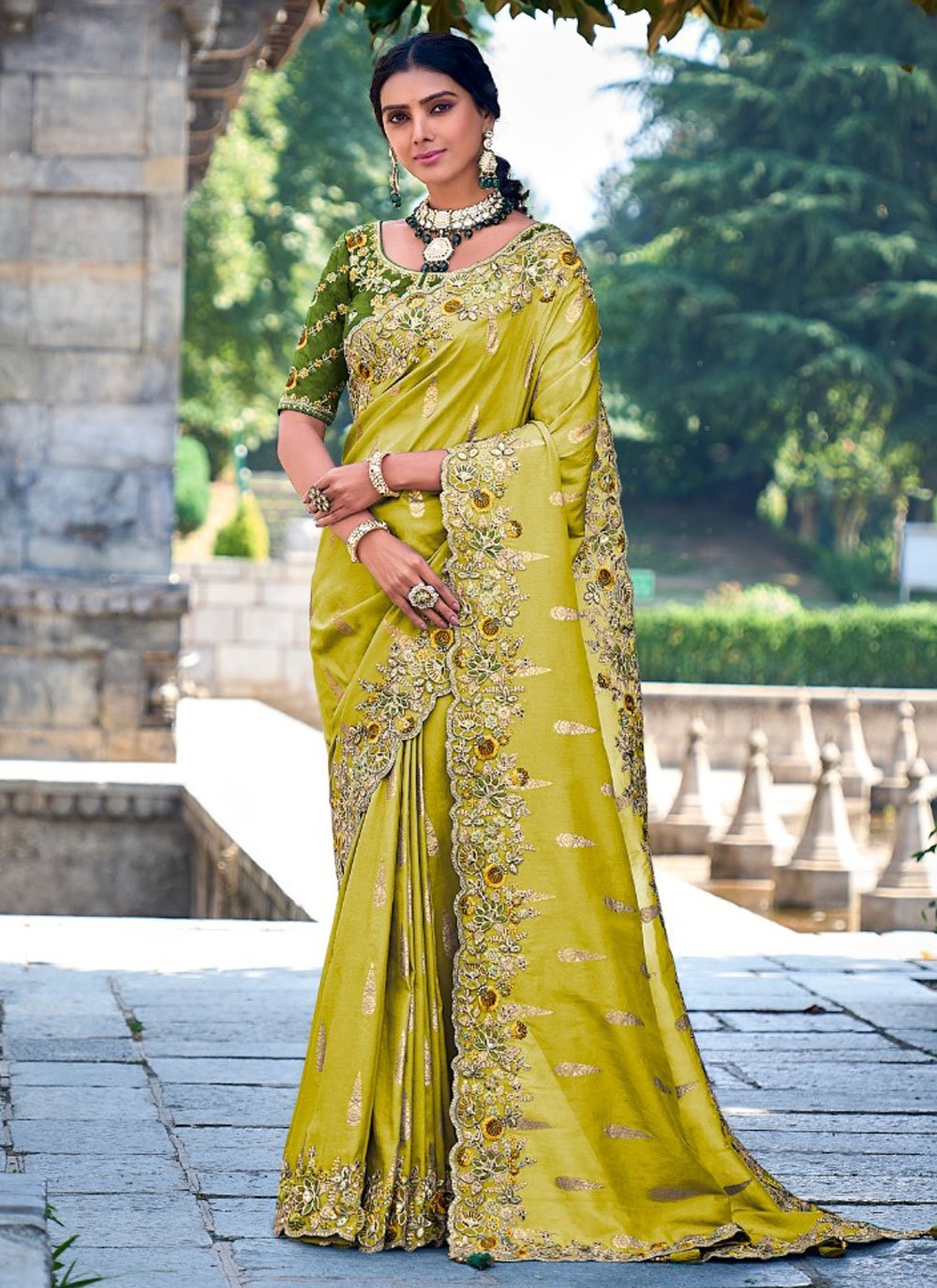 Yellow Chiffon Saree With Embroidery Work And Fancy Border - Vishal Prints  - 3968164