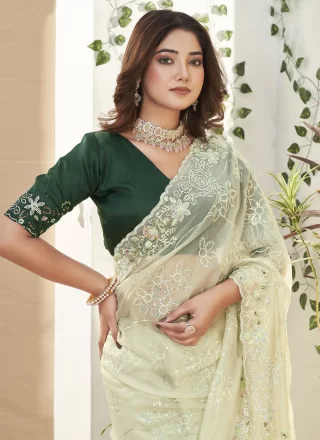 Green Fancy Fabric Contemporary Sari with Embroidered and Sequins Work for Engagement