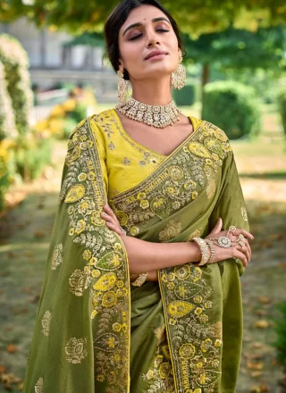 Green Fancy Fabric Contemporary Sari with Embroidered, Hand, Sequins and Stone Work