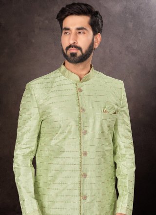 Green Fancy Fabric Indo Western with Digital Print and Thread Work for Men