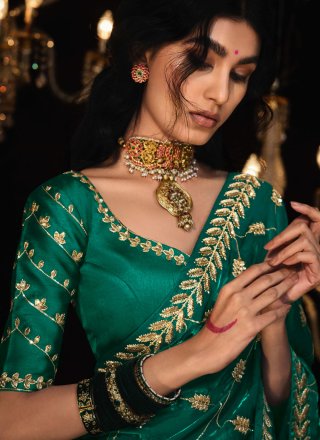 Green Fancy Fabric Patch Border, Embroidered and Sequins Work Contemporary Saree for Engagement