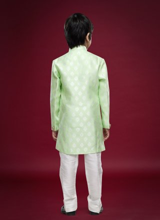 Green Fancy Work Banarasi Jacquard Sherwani Kids Wear