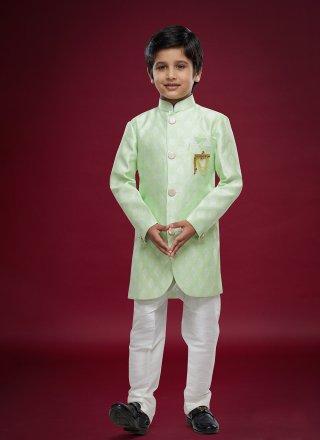 Green Fancy Work Banarasi Jacquard Sherwani Kids Wear