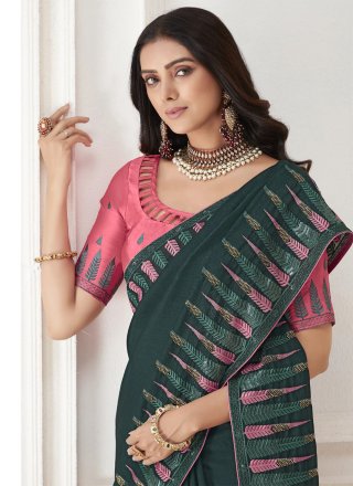 Green Faux Crepe Resham and Stone Work Classic Saree for Women