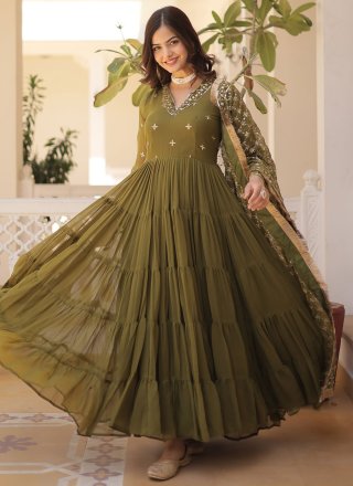 Green Faux Georgette  Designer Gown with Embroidered and Sequins Work for Women
