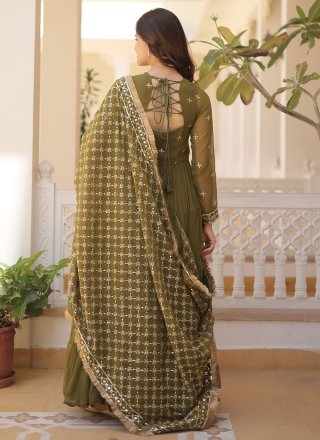 Green Faux Georgette  Designer Gown with Embroidered and Sequins Work for Women