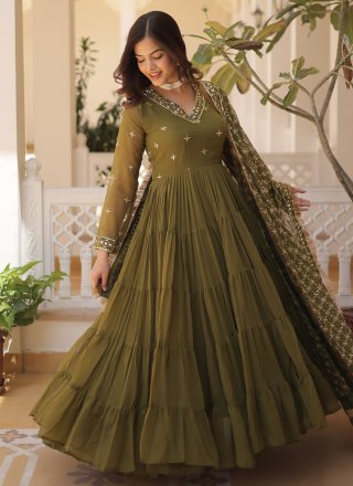 Green Faux Georgette  Designer Gown with Embroidered and Sequins Work for Women