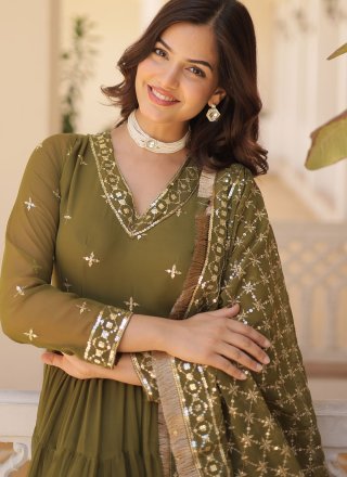 Green Faux Georgette  Designer Gown with Embroidered and Sequins Work for Women
