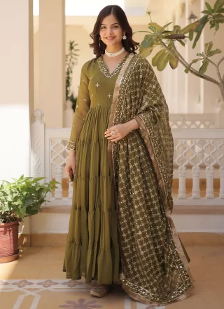 Green Faux Georgette  Designer Gown with Embroidered and Sequins Work for Women