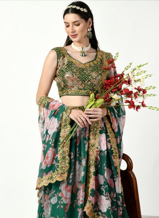 Green Faux Georgette Digital Print, Embroidered and Sequins Work A - Line Lehenga Choli