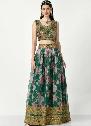 Green Faux Georgette Digital Print, Embroidered and Sequins Work A - Line Lehenga Choli