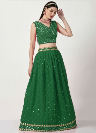 Green Faux Georgette Embroidered and Sequins Work Lehenga Choli for Ceremonial