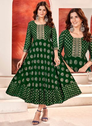 Green Faux Georgette Embroidered, Foil Print and Sequins Work  Designer Gown for Ceremonial