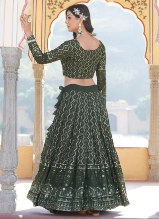 Green Faux Georgette Embroidered, Sequins and Thread Work Lehenga Choli for Women