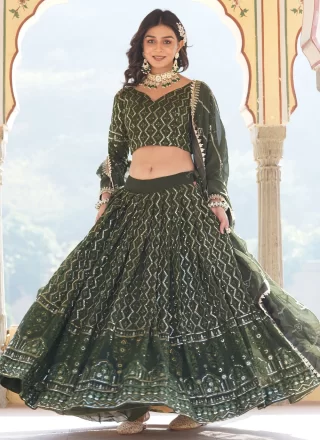 Green Faux Georgette Embroidered, Sequins and Thread Work Lehenga Choli for Women