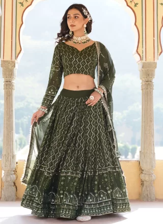 Green Faux Georgette Embroidered, Sequins and Thread Work Lehenga Choli for Women