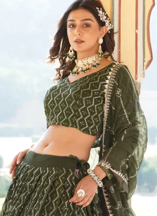 Green Faux Georgette Embroidered, Sequins and Thread Work Lehenga Choli for Women
