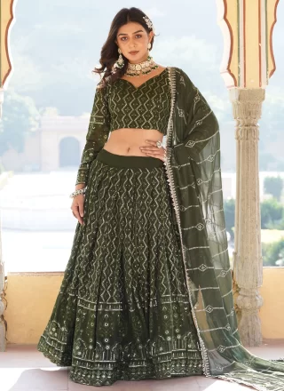 Green Faux Georgette Embroidered, Sequins and Thread Work Lehenga Choli for Women