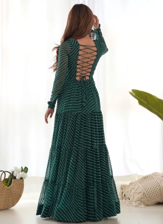 Green Faux Georgette Fancy and Mirror Work  Designer Gown