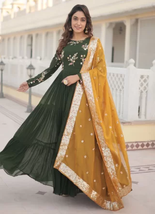 Green Faux Georgette Gown with Embroidered and Sequins Work for Women
