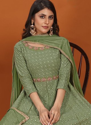 Green Faux Georgette Gown with Embroidered and Sequins Work for Women