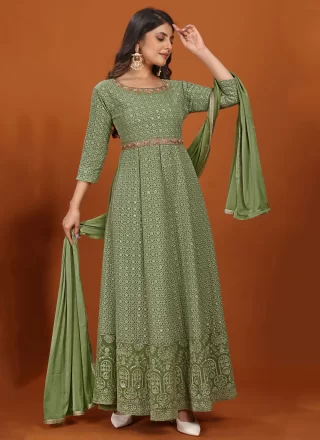 Green Faux Georgette Gown with Embroidered and Sequins Work for Women