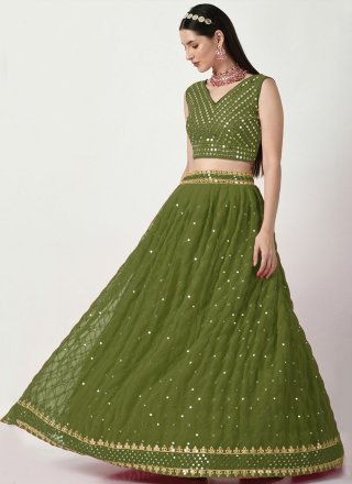 Green Faux Georgette Lehenga Choli with Embroidered and Sequins Work